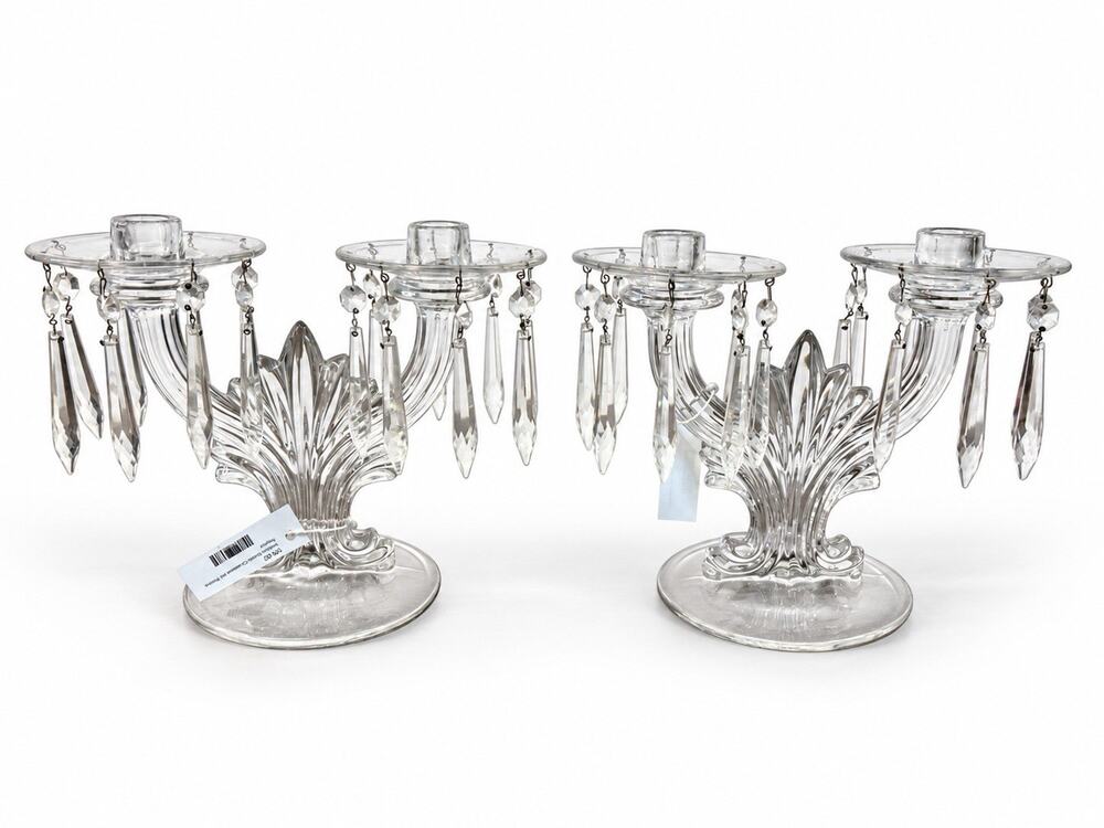 Fostoria Crystal Candelabra Pair 7.5” Double Arm Candle Holders w/ Prisms